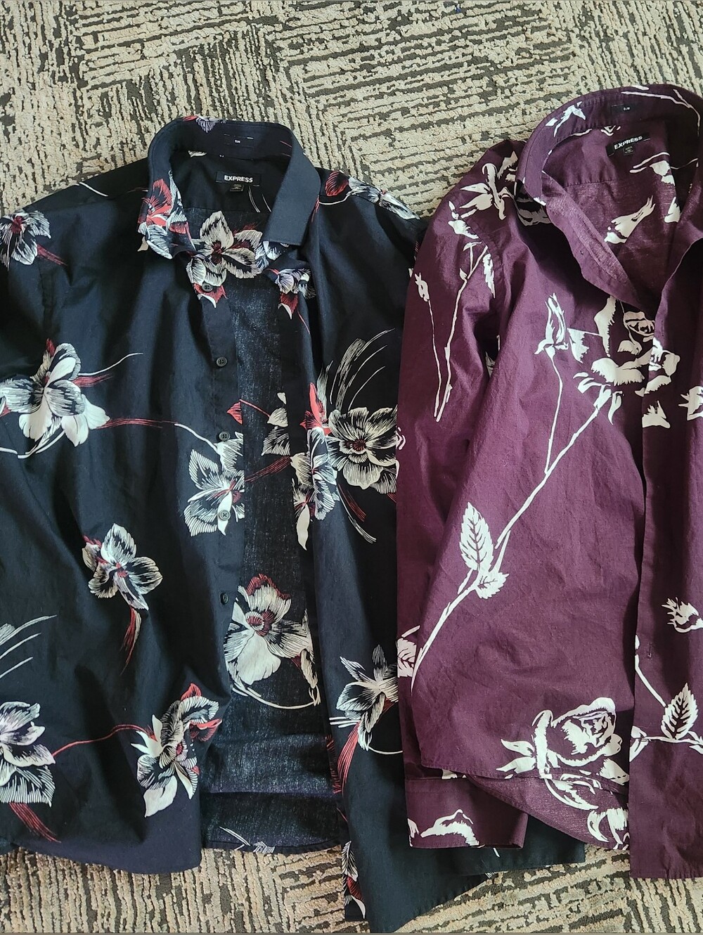 Express Men's Black and Deep Purple Floral Button-Down Shirt Duo, Size XL Slim